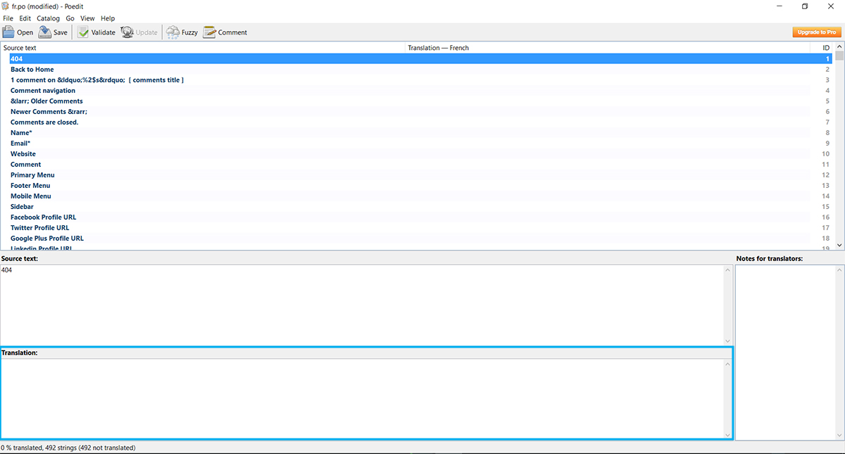 Archived Poedit editor showing source strings and the translation pane