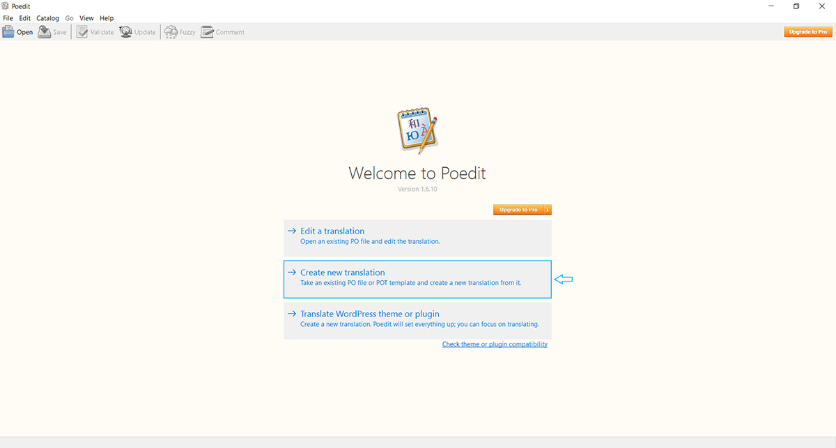Archived Poedit v1.6 start screen with the new translation action highlighted