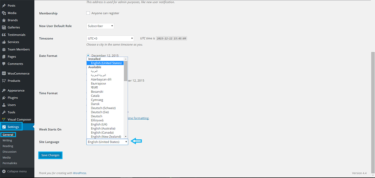 Archived WordPress General Settings screen with the Site Language control highlighted